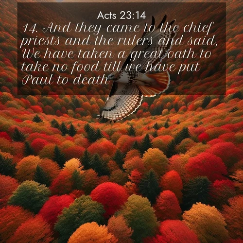 BasicEnglish Acts  ; image nature: image with the bible verse :And they came to the chief priests and the rulers and said, We have taken a great oath to take no food till we have put Paul to death ; Discover Bible images illustrated by desert landscapes, like sand dunes, majestic rocks, and starry skies. These images symbolize the grandeur and immensity of God&#039;s creation. Download verses like KJV Acts 23:14. Current verse is overlayed with the thematic nature scene : A red-tailed hawk circles above autumn woods. Leaves below form a mosaic of fire. ; 23:14