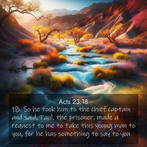 BasicEnglish Acts  ; image nature: image with the bible verse :So he took him to the chief captain and said, Paul, the prisoner, made a request to me to take this young man to you, for he has something to say to you. ; Explore our gallery of inspiring Bible verse images showcasing divine beauty through nature. Download scenic images like snowy peaks, lush meadows, or radiant sunsets paired with verses like KJV Acts 23:18. Current verse is overlayed with the thematic nature scene : Spring floods transform desert arroyos into rushing streams. ; 23:18