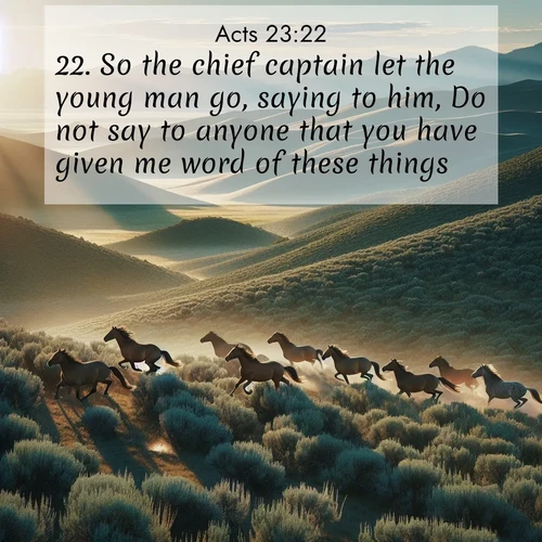 BasicEnglish Acts  ; image nature: image with the bible verse :So the chief captain let the young man go, saying to him, Do not say to anyone that you have given me word of these things. ; Admire our free collection of Bible verse images with beautiful landscapes like sunlit forests, rippling waters, and radiant dawns. Each verse, such as KJV Acts 23:22, is ready to download and share. Current verse is overlayed with the thematic nature scene : Wild mustangs gallop across sage-covered hills in the morning light. ; 23:22