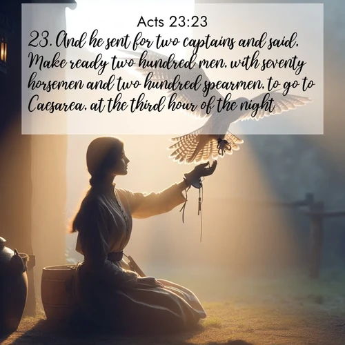 BasicEnglish Acts  ; image nature: image with the bible verse :And he sent for two captains and said, Make ready two hundred men, with seventy horsemen and two hundred spearmen, to go to Caesarea, at the third hour of the night: ; Browse an inspiring gallery of Bible verse images with nature photos, such as blooming gardens, golden deserts, and shaded forests. The chosen images capture the peaceful and joyful essence of God&#039;s creation, with vibrant colors and harmonious fonts. Share verses like KJV Acts 23:23. Current verse is overlayed with the thematic nature scene : A falconer releases his bird. Wind lifts magnificent wings. ; 23:23
