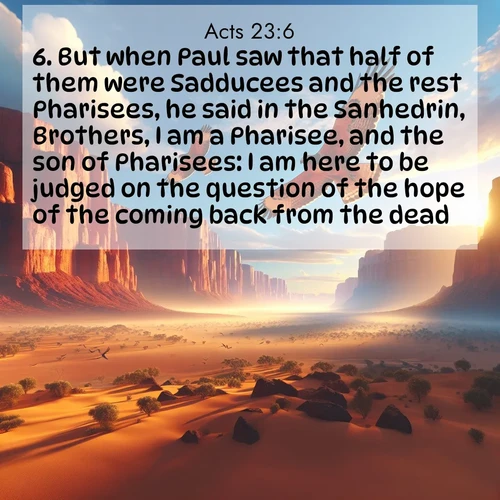 BasicEnglish Acts  ; image nature: image with the bible verse :But when Paul saw that half of them were Sadducees and the rest Pharisees, he said in the Sanhedrin, Brothers, I am a Pharisee, and the son of Pharisees: I am here to be judged on the question of the hope of the coming back from the dead. ; Dive into our collection of Bible verse images beautifully illustrated with beach photos, featuring gentle waves, sunsets over the sea, and sandy shores. These scenes evoke the peace and majesty of God. Download and share inspiring verses like KJV Acts 23:6. Current verse is overlayed with the thematic nature scene : Desert hawks soar thermal currents. Red cliffs catch golden light. ; 23:6