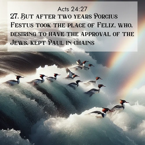 BasicEnglish Acts  ; image nature: image with the bible verse :But after two years Porcius Festus took the place of Felix, who, desiring to have the approval of the Jews, kept Paul in chains. ; Browse our collection of Bible verses paired with captivating photos of God’s creation, like crystal-clear lakes, majestic cliffs, and colorful skies. All images are free for download and sharing. Verse examples include KJV Acts 24:27. Current verse is overlayed with the thematic nature scene : Wild mergansers ride white water rapids. Spray creates endless rainbows. ; 24:27