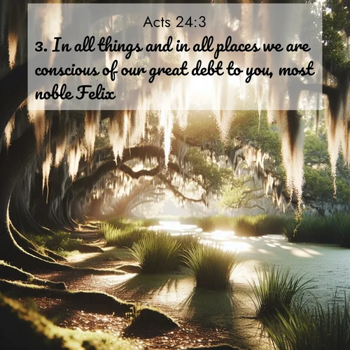 BasicEnglish Acts  ; image nature: image with the bible verse :In all things and in all places we are conscious of our great debt to you, most noble Felix. ; Discover our unique collection of Bible verse images integrated with photos showcasing the majesty of nature, such as rocky mountains, ancient trees, and crystal-clear lakes. These images feature luminous colors and text in varied fonts, reflecting the harmony of God&#039;s creation. Download verses like KJV Acts 24:3. Current verse is overlayed with the thematic nature scene : Summer afternoon light filters through Spanish moss in a bayou. ; 24:3