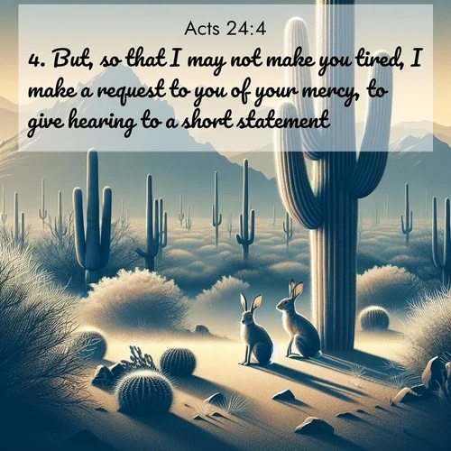 BasicEnglish Acts  ; image nature: image with the bible verse :But, so that I may not make you tired, I make a request to you of your mercy, to give hearing to a short statement. ; Admire our gallery of Bible verse images paired with serene nature photography, featuring starlit skies, golden sands, and blooming wildflowers. Download and share verses like KJV Acts 24:4. Current verse is overlayed with the thematic nature scene : Desert jackrabbits pause in saguaro shade. Heat waves distort distant peaks. ; 24:4