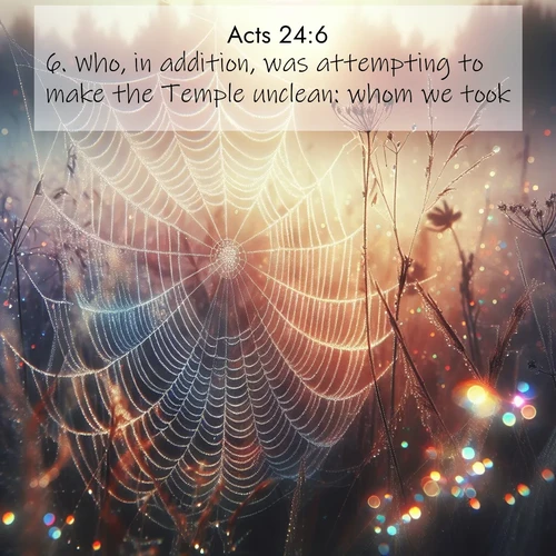 BasicEnglish Acts  ; image nature: image with the bible verse :Who, in addition, was attempting to make the Temple unclean: whom we took, ; Browse high-resolution Bible verse images featuring stunning nature photography, such as radiant sunsets, tranquil rivers, and blooming fields. Perfect for wallpapers or sharing on social media. Download KJV Acts 24:6. Current verse is overlayed with the thematic nature scene : Morning fog reveals spider web galaxies. Dew drops catch rainbow light. ; 24:6