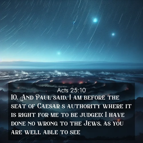 BasicEnglish Acts  ; image nature: image with the bible verse :And Paul said, I am before the seat of Caesar&#039;s authority where it is right for me to be judged: I have done no wrong to the Jews, as you are well able to see. ; Explore a rich collection of Bible verse images beautifully illustrated by natural landscapes, such as colorful skies, towering mountains, and tranquil rivers. The images highlight the serenity of God&#039;s creation with vivid tones and carefully chosen typography. Download and share inspiring verses like KJV Acts 25:10. Current verse is overlayed with the thematic nature scene : Volcanic steam rises through a field of black lava. Stars wheel overhead in the thin air. ; 25:10
