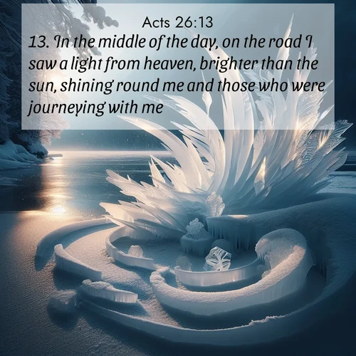 BasicEnglish Acts  ; image nature: image with the bible verse :In the middle of the day, on the road I saw a light from heaven, brighter than the sun, shining round me and those who were journeying with me. ; Admire our free collection of Bible verse images with beautiful landscapes like sunlit forests, rippling waters, and radiant dawns. Each verse, such as KJV Acts 26:13, is ready to download and share. Current verse is overlayed with the thematic nature scene : Winter ice forms abstract sculptures along a lake shore. ; 26:13