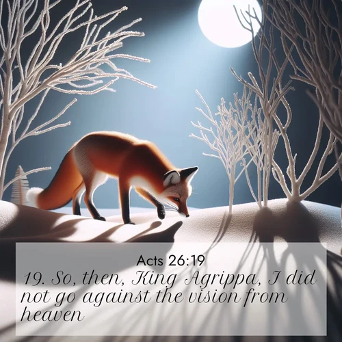 BasicEnglish Acts  ; image nature: image with the bible verse :So, then, King Agrippa, I did not go against the vision from heaven; ; Explore a winter collection of Bible verse images adorned with photos of icy landscapes, frozen waterfalls, and snow-covered forests. These scenes capture divine tranquility and purity. Download inspiring verses like KJV Acts 26:19. Current verse is overlayed with the thematic nature scene : A red fox hunts through pristine snow. Moon shadows dance between bare trees. ; 26:19