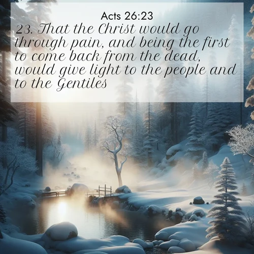 BasicEnglish Acts  ; image nature: image with the bible verse :That the Christ would go through pain, and being the first to come back from the dead, would give light to the people and to the Gentiles. ; Explore Bible verses paired with beach photos, where waves gently crash on the sand and the sky glows with pastel hues at sunset. These scenes convey deep serenity. Download verses like KJV Acts 26:23. Current verse is overlayed with the thematic nature scene : Morning mist rises from a hot spring in a snow-covered forest. ; 26:23