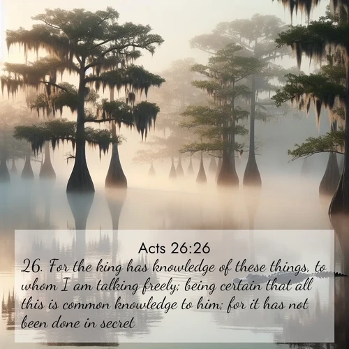 BasicEnglish Acts  ; image nature: image with the bible verse :For the king has knowledge of these things, to whom I am talking freely; being certain that all this is common knowledge to him; for it has not been done in secret. ; Browse beautiful Bible verse images accompanied by peaceful scenes like calm seas, ancient forests, and radiant horizons. Download high-quality, free images featuring verses such as KJV Acts 26:26. Current verse is overlayed with the thematic nature scene : Morning fog clings to gnarled cypress trees in the swamp. An alligator glides silently through the dark water. ; 26:26