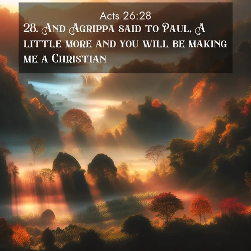 BasicEnglish Acts  ; image nature: image with the bible verse :And Agrippa said to Paul, A little more and you will be making me a Christian. ; Download Bible verse images featuring vibrant photos of nature, from snowy landscapes to golden deserts. These free images are perfect for phone wallpapers, desktop backgrounds, or sharing. Verses include KJV Acts 26:28. Current verse is overlayed with the thematic nature scene : Autumn mist rises from warming morning valleys. ; 26:28