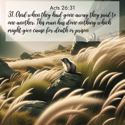 BasicEnglish Acts  ; image nature: image with the bible verse :And when they had gone away they said to one another, This man has done nothing which might give cause for death or prison. ; Dive into our collection of Bible verse images combined with sublime nature photos, such as graceful waterfalls, radiant sunsets, and endless meadows. These compositions highlight the peace and harmony of God&#039;s creation with vivid colors and carefully integrated text. Download and share verses like KJV Acts 26:31. Current verse is overlayed with the thematic nature scene : Mountain meadow grasses bend in alpine wind. Marmots whistle warnings from rocky outcrops. ; 26:31