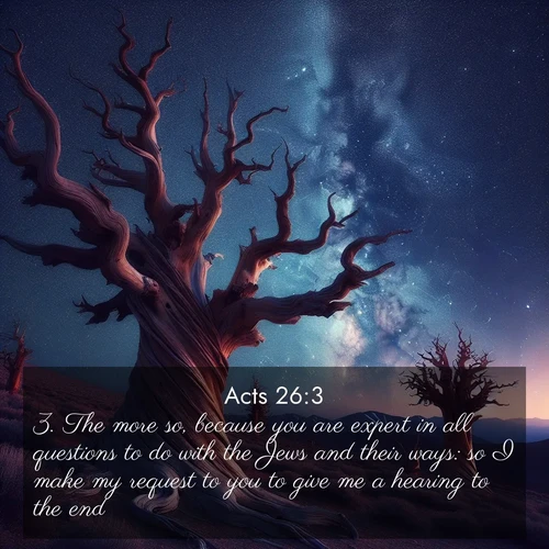 BasicEnglish Acts  ; image nature: image with the bible verse :The more so, because you are expert in all questions to do with the Jews and their ways: so I make my request to you to give me a hearing to the end. ; Download inspiring Bible verse images featuring stunning natural vistas, from tropical islands to rolling hills. These free images make perfect wallpapers or gifts. Share verses like KJV Acts 26:3. Current verse is overlayed with the thematic nature scene : Ancient bristlecone pines twist toward stars. Time stands still in their presence. ; 26:3