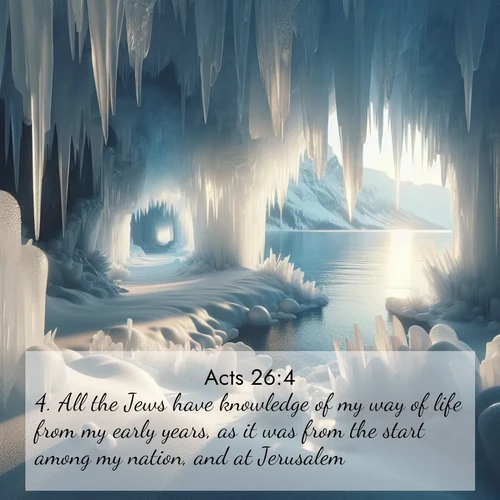 BasicEnglish Acts  ; image nature: image with the bible verse :All the Jews have knowledge of my way of life from my early years, as it was from the start among my nation, and at Jerusalem; ; Admire Bible verse images illustrated by summer photos, such as sunny beaches, sparkling waves, and swaying palm trees. These bright scenes highlight the joy and warmth of God&#039;s creation. Download and share verses like KJV Acts 26:4. Current verse is overlayed with the thematic nature scene : Winter ice forms crystal caves along lake cliffs. ; 26:4