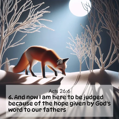 BasicEnglish Acts  ; image nature: image with the bible verse :And now I am here to be judged because of the hope given by God&#039;s word to our fathers; ; Download high-resolution Bible verse images showcasing the beauty of God&#039;s creation—from radiant sunsets to tranquil rivers. Free for use as wallpapers or sharing verses like KJV Acts 26:6. Current verse is overlayed with the thematic nature scene : A red fox hunts through pristine snow. Moon shadows dance between bare trees. ; 26:6