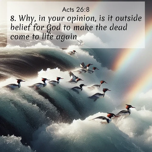 BasicEnglish Acts  ; image nature: image with the bible verse :Why, in your opinion, is it outside belief for God to make the dead come to life again? ; Explore a gallery of beautiful Bible verse images with tranquil natural settings—perfect for phone backgrounds or inspirational posts. Download your favorite verses like KJV Acts 26:8 today. Current verse is overlayed with the thematic nature scene : Wild mergansers ride white water rapids. Spray creates endless rainbows. ; 26:8