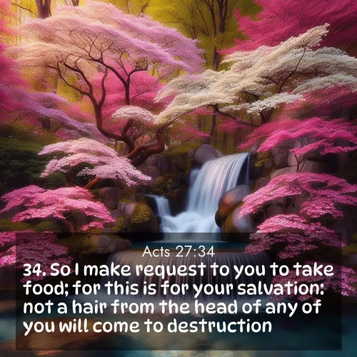 BBE Acts 27:34 overlaying nature image scene: A spring cascade plunges into a pool surrounded by flowering dogwood.;34. So I make request to you to take food; for this is for your salvation: not a hair from the head of any of you will come to destruction.