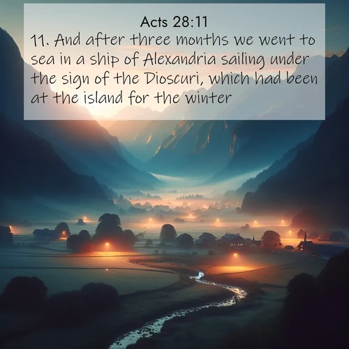 BasicEnglish Acts  ; image nature: image with the bible verse :And after three months we went to sea in a ship of Alexandria sailing under the sign of the Dioscuri, which had been at the island for the winter. ; Dive into our collection of Bible verses paired with breathtaking desert landscapes, featuring infinite dunes, shaded oases, and desert sunsets. These images highlight the majestic grandeur of God&#039;s creation. Download and share verses like KJV Acts 28:11. Current verse is overlayed with the thematic nature scene : Morning mist rises from valley streams. Birdsong heralds the dawn chorus. ; 28:11