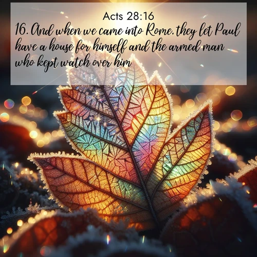 BasicEnglish Acts  ; image nature: image with the bible verse :And when we came into Rome, they let Paul have a house for himself and the armed man who kept watch over him. ; Discover inspiring Bible verse images featuring natural wonders like lush forests, sunny horizons, and cascading waterfalls. Perfect for wallpapers or spiritual encouragement. Download verses like KJV Acts 28:16. Current verse is overlayed with the thematic nature scene : Frost crystals form intricate patterns on a fallen leaf. Morning sun transforms them into rainbow prisms. ; 28:16