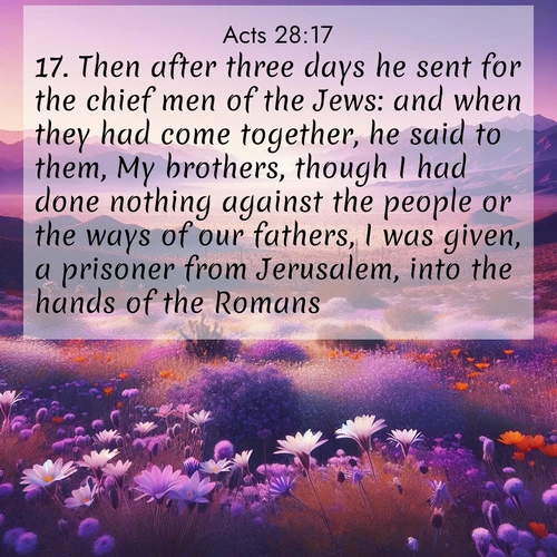 BasicEnglish Acts  ; image nature: image with the bible verse :Then after three days he sent for the chief men of the Jews: and when they had come together, he said to them, My brothers, though I had done nothing against the people or the ways of our fathers, I was given, a prisoner from Jerusalem, into the hands of the Romans. ; Discover Bible verses beautifully integrated with natural scenes of varied seasons, featuring summer skies, winter snow, autumn leaves, and spring blooms. Each image captures the splendor and peace of God&#039;s creation. Share verses like KJV Acts 28:17. Current verse is overlayed with the thematic nature scene : Desert wildflowers carpet Death Valley after winter rains. Mountains fade to purple on the horizon. ; 28:17