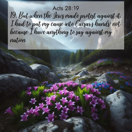 BasicEnglish Acts  ; image nature: image with the bible verse :But when the Jews made protest against it, I had to put my cause into Caesar&#039;s hands; not because I have anything to say against my nation. ; Admire Bible verse images illustrated by desert scenes, such as sunsets over dunes, majestic rocks, and solitary cacti. These images capture the majesty of God in arid places. Download and share verses like KJV Acts 28:19. Current verse is overlayed with the thematic nature scene : Alpine gentians bloom in rocky crevices. Summer storms gather above treeline. ; 28:19