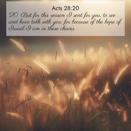 BasicEnglish Acts  ; image nature: image with the bible verse :But for this reason I sent for you, to see and have talk with you: for because of the hope of Israel I am in these chains. ; Explore a rich collection of Bible verse images beautifully illustrated by natural landscapes, such as colorful skies, towering mountains, and tranquil rivers. The images highlight the serenity of God&#039;s creation with vivid tones and carefully chosen typography. Download and share inspiring verses like KJV Acts 28:20. Current verse is overlayed with the thematic nature scene : Summer heat brings out cricket songs in meadow grass. ; 28:20