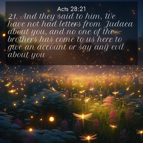 BasicEnglish Acts  ; image nature: image with the bible verse :And they said to him, We have not had letters from Judaea about you, and no one of the brothers has come to us here to give an account or say any evil about you. ; Explore Bible verses paired with beach photos, where waves gently crash on the sand and the sky glows with pastel hues at sunset. These scenes convey deep serenity. Download verses like KJV Acts 28:21. Current verse is overlayed with the thematic nature scene : Fireflies dance above a spring meadow filled with singing crickets. ; 28:21
