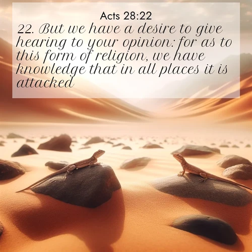 BasicEnglish Acts  ; image nature: image with the bible verse :But we have a desire to give hearing to your opinion: for as to this form of religion, we have knowledge that in all places it is attacked. ; Explore Bible verse images highlighting the beauty of spring, with vibrant flowers, butterflies, and blossoming fruit trees. These scenes evoke divine hope and renewal. Download inspiring verses like KJV Acts 28:22. Current verse is overlayed with the thematic nature scene : Desert lizards bask on sun-hot rocks. Heat mirages dance like water. ; 28:22