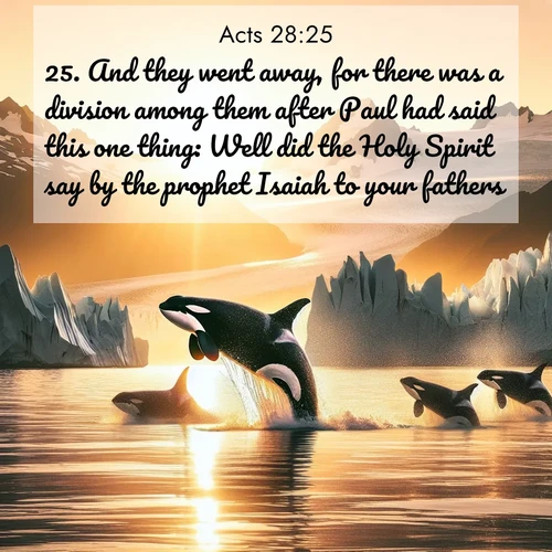 BasicEnglish Acts  ; image nature: image with the bible verse :And they went away, for there was a division among them after Paul had said this one thing: Well did the Holy Spirit say by the prophet Isaiah to your fathers, ; Discover Bible images illustrated by desert landscapes, like sand dunes, majestic rocks, and starry skies. These images symbolize the grandeur and immensity of God&#039;s creation. Download verses like KJV Acts 28:25. Current verse is overlayed with the thematic nature scene : Wild orcas breach in sunset-painted waters. Their splashes echo off glacier walls. ; 28:25