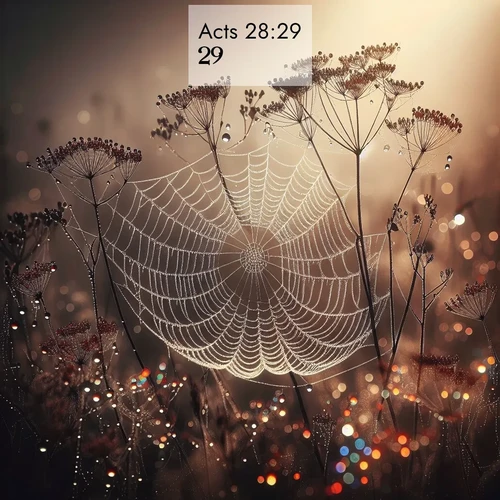BasicEnglish Acts  ; image nature: image with the bible verse :[] ; Discover inspiring Bible verse images featuring natural wonders like lush forests, sunny horizons, and cascading waterfalls. Perfect for wallpapers or spiritual encouragement. Download verses like KJV Acts 28:29. Current verse is overlayed with the thematic nature scene : Morning fog reveals spider galaxies. Dew drops capture rainbow light. ; 28:29