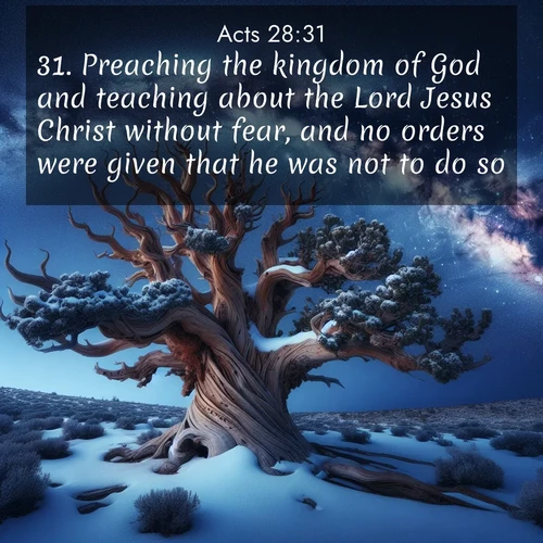 BasicEnglish Acts  ; image nature: image with the bible verse :Preaching the kingdom of God and teaching about the Lord Jesus Christ without fear, and no orders were given that he was not to do so. ; Browse an inspiring gallery of Bible verse images with nature photos, such as blooming gardens, golden deserts, and shaded forests. The chosen images capture the peaceful and joyful essence of God&#039;s creation, with vibrant colors and harmonious fonts. Share verses like KJV Acts 28:31. Current verse is overlayed with the thematic nature scene : Ancient bristlecone pine twists against a navy twilight sky, its gnarled branches laden with fresh snow. The Milky Way arcs overhead in crystalline clarity. ; 28:31