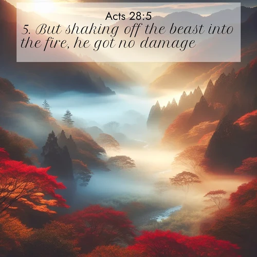 BasicEnglish Acts  ; image nature: image with the bible verse :But shaking off the beast into the fire, he got no damage. ; Discover beautiful Bible verse images that combine inspiring scripture with captivating nature photos. Download high-quality images featuring lush valleys, peaceful streams, and endless horizons like KJV Acts 28:5. Current verse is overlayed with the thematic nature scene : Autumn mist rises from a valley dotted with red and gold maples. ; 28:5