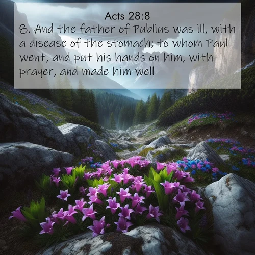 BasicEnglish Acts  ; image nature: image with the bible verse :And the father of Publius was ill, with a disease of the stomach; to whom Paul went, and put his hands on him, with prayer, and made him well. ; Discover Bible images adorned with spring landscapes, like tulip fields, cherry blossoms, and green hills. These bright scenes symbolize God&#039;s renewal and grace. Download verses like KJV Acts 28:8. Current verse is overlayed with the thematic nature scene : Alpine gentians bloom in rocky crevices. Summer storms gather above treeline. ; 28:8