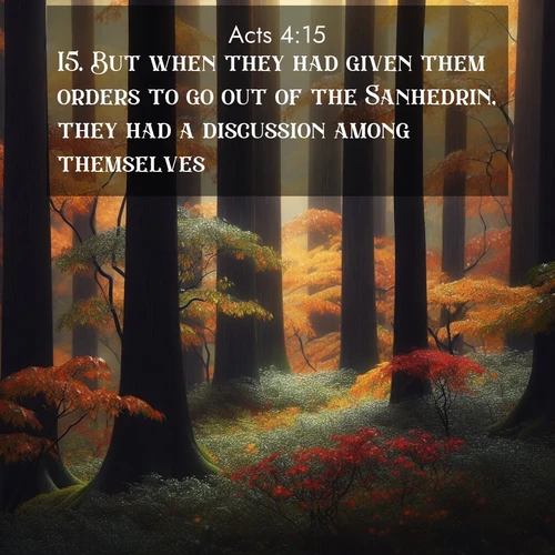 BasicEnglish Acts  ; image nature: image with the bible verse :But when they had given them orders to go out of the Sanhedrin, they had a discussion among themselves, ; Discover Bible verses beautifully integrated with natural scenes of varied seasons, featuring summer skies, winter snow, autumn leaves, and spring blooms. Each image captures the splendor and peace of God&#039;s creation. Share verses like KJV Acts 4:15. Current verse is overlayed with the thematic nature scene : Autumn rain darkens tree trunks in the forest. ; 4:15