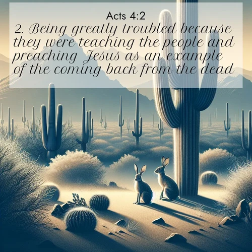 BasicEnglish Acts  ; image nature: image with the bible verse :Being greatly troubled because they were teaching the people and preaching Jesus as an example of the coming back from the dead. ; Browse a gallery of Bible verses paired with summer scenes, such as golden wheat fields, bright skies, and sunny beaches. These images convey the joy and warmth of God&#039;s creation. Download and share verses like KJV Acts 4:2. Current verse is overlayed with the thematic nature scene : Desert jackrabbits pause in saguaro shade. Heat waves distort distant peaks. ; 4:2