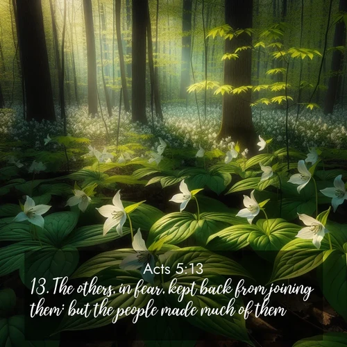 BasicEnglish Acts  ; image nature: image with the bible verse :The others, in fear, kept back from joining them: but the people made much of them; ; Download Bible verse images featuring vibrant photos of nature, from snowy landscapes to golden deserts. These free images are perfect for phone wallpapers, desktop backgrounds, or sharing. Verses include KJV Acts 5:13. Current verse is overlayed with the thematic nature scene : Wild trillium carpets the forest floor. Sunlight filters green through new spring leaves. ; 5:13