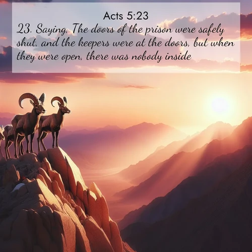 BBE Acts 5:23 overlaying nature image scene: Desert bighorns pause on a knife-edge ridge. Sunset paints their horns in gold.;23. Saying, The doors of the prison were safely shut, and the keepers were at the doors, but when they were open, there was nobody inside.
