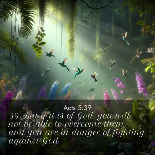 BasicEnglish Acts  ; image nature: image with the bible verse :But if it is of God, you will not be able to overcome them, and you are in danger of fighting against God. ; Discover a gallery of Bible verse images showcasing the beauty of autumn, with golden leaves, red forests, and peaceful fields bathed in soft light. These soothing scenes are perfect for accompanying inspiring verses like KJV Acts 5:39. Current verse is overlayed with the thematic nature scene : Wild orchids bloom in a rainforest canopy. Hummingbirds dart between the delicate flowers. ; 5:39
