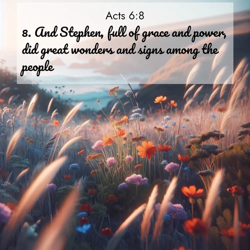 BasicEnglish Acts  ; image nature: image with the bible verse :And Stephen, full of grace and power, did great wonders and signs among the people. ; Browse our library of beautiful Bible verse images, perfect for wallpapers or sharing. Each verse is paired with serene natural landscapes like misty mountains, calming beaches, and colorful sunsets. Download and enjoy verses such as KJV Acts 6:8. Current verse is overlayed with the thematic nature scene : Summer wildflowers wave in the breeze on coastal bluffs. ; 6:8