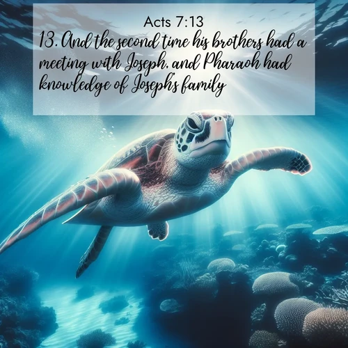 BasicEnglish Acts  ; image nature: image with the bible verse :And the second time his brothers had a meeting with Joseph, and Pharaoh had knowledge of Joseph&#039;s family. ; Explore a spring collection of Bible images, with landscapes of green hills, wildflowers, and crystal-clear streams. These images symbolize the blossoming of God&#039;s creation. Download verses like KJV Acts 7:13. Current verse is overlayed with the thematic nature scene : A sea turtle glides through underwater sunbeams. Coral gardens glow in the depths below. ; 7:13