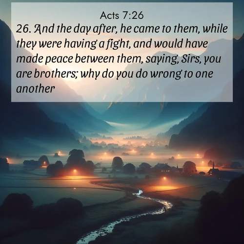 BasicEnglish Acts  ; image nature: image with the bible verse :And the day after, he came to them, while they were having a fight, and would have made peace between them, saying, Sirs, you are brothers; why do you do wrong to one another? ; Browse a large collection of Bible verse images with photos showcasing the splendor of nature. Scenes of peaceful rivers, verdant valleys, and radiant skies enhance the inspiring verses. Each image reflects the serenity and joy of God&#039;s creation, with elegant text fonts. Download and share verses such as KJV Acts 7:26. Current verse is overlayed with the thematic nature scene : Morning mist rises from valley streams. Birdsong heralds the dawn chorus. ; 7:26