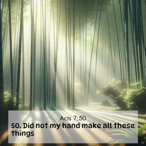 BasicEnglish Acts  ; image nature: image with the bible verse :Did not my hand make all these things? ; Browse a vast collection of Bible verse images featuring awe-inspiring landscapes such as calm lakes, vibrant sunsets, and peaceful fields. Download them for free and enjoy verses like KJV Acts 7:50. Current verse is overlayed with the thematic nature scene : Bamboo forests cast striped shadows while a gentle rain patters on broad leaves. ; 7:50