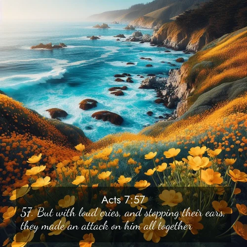 BasicEnglish Acts  ; image nature: image with the bible verse :But with loud cries, and stopping their ears, they made an attack on him all together, ; Discover a rich selection of Bible verse images illustrated by natural landscapes like tranquil beaches, golden fields, and majestic trees. These images aim to capture the peace and beauty of God&#039;s creation, with vibrant colors and varied typography. Download and share inspiring verses like KJV Acts 7:57. Current verse is overlayed with the thematic nature scene : Wild mustard flowers carpet coastal cliffs. Pacific waves provide endless percussion below. ; 7:57