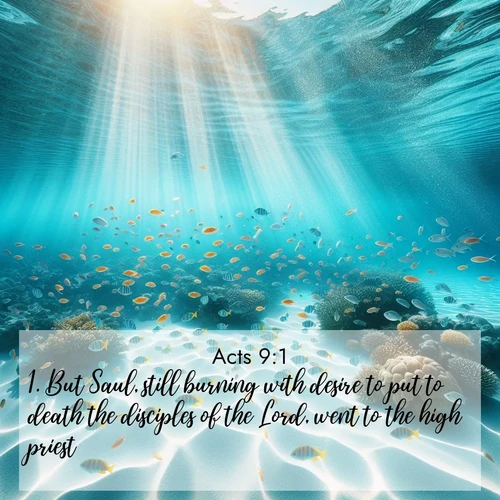 BasicEnglish Acts  ; image nature: image with the bible verse :But Saul, still burning with desire to put to death the disciples of the Lord, went to the high priest, ; Explore a rich collection of Bible verse images beautifully illustrated by natural landscapes, such as colorful skies, towering mountains, and tranquil rivers. The images highlight the serenity of God&#039;s creation with vivid tones and carefully chosen typography. Download and share inspiring verses like KJV Acts 9:1. Current verse is overlayed with the thematic nature scene : Reef fish swirl in perfect formation through crystal waters. Sunlight creates shifting patterns on white sand below. ; 9:1