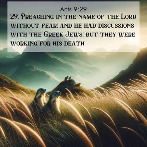 BasicEnglish Acts  ; image nature: image with the bible verse :Preaching in the name of the Lord without fear; and he had discussions with the Greek Jews; but they were working for his death. ; Explore our vast collection of images featuring beautifully illustrated Bible verses accompanied by nature photos. Discover inspiring and motivating verses paired with soothing landscapes, like shimmering lakes, majestic mountains, and lush forests. Our images highlight the peaceful beauty of God&#039;s creation with vibrant colors and varied fonts. Download and share verse images like KJV Acts 9:29. Current verse is overlayed with the thematic nature scene : Mountain meadow grasses bend in wind. Marmots whistle from rocky outcrops. ; 9:29