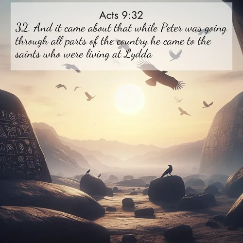 BasicEnglish Acts  ; image nature: image with the bible verse :And it came about that while Peter was going through all parts of the country he came to the saints who were living at Lydda. ; Discover tranquil Bible verse images enhanced with natural scenery like rippling brooks, snow-covered fields, and sunlit beaches. These free images are perfect for wallpapers or spiritual reflection. Share KJV Acts 9:32. Current verse is overlayed with the thematic nature scene : Desert petroglyphs tell ancient stories. Ravens soar past wearing shadows for wings. ; 9:32