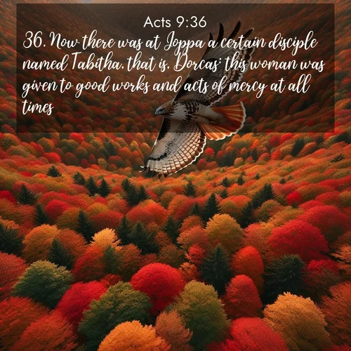 BasicEnglish Acts  ; image nature: image with the bible verse :Now there was at Joppa a certain disciple named Tabitha, that is, Dorcas: this woman was given to good works and acts of mercy at all times. ; Browse our library of beautiful Bible verse images, perfect for wallpapers or sharing. Each verse is paired with serene natural landscapes like misty mountains, calming beaches, and colorful sunsets. Download and enjoy verses such as KJV Acts 9:36. Current verse is overlayed with the thematic nature scene : A red-tailed hawk circles above autumn woods. Leaves below form a mosaic of fire. ; 9:36