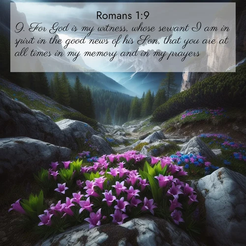 BBE Romans 1:9 overlaying nature image scene: Alpine gentians bloom in rocky crevices. Summer storms gather above treeline.;9. For God is my witness, whose servant I am in spirit in the good news of his Son, that you are at all times in my memory and in my prayers,