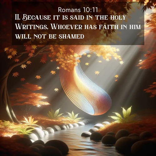 BasicEnglish Romans  ; image nature: image with the bible verse :Because it is said in the holy Writings, Whoever has faith in him will not be shamed. ; Discover a unique collection of Bible verses adorned with winter landscapes, such as snow-covered forests, gently falling snowflakes, and pristine mountains. These images evoke the peace and purity of God&#039;s creation. Share verses like KJV Romans 10:11. Current verse is overlayed with the thematic nature scene : Autumn leaves spiral through shafts of light. A hidden stream provides gentle music. ; 10:11