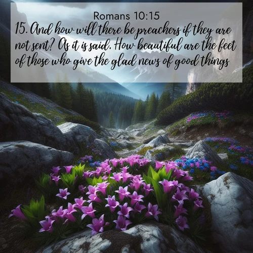 BasicEnglish Romans  ; image nature: image with the bible verse :And how will there be preachers if they are not sent? As it is said, How beautiful are the feet of those who give the glad news of good things. ; Explore a rich collection of Bible verse images beautifully illustrated by natural landscapes, such as colorful skies, towering mountains, and tranquil rivers. The images highlight the serenity of God&#039;s creation with vivid tones and carefully chosen typography. Download and share inspiring verses like KJV Romans 10:15. Current verse is overlayed with the thematic nature scene : Alpine gentians bloom in rocky crevices. Summer storms gather above treeline. ; 10:15